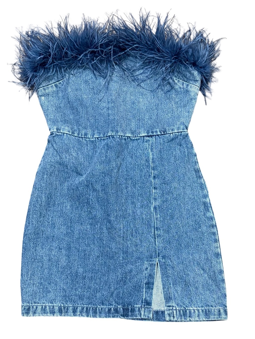 Amanda Uprichard Eleni Denim Strapless Mini Dress with Feather Trim Size Small - Picture 3 of 6